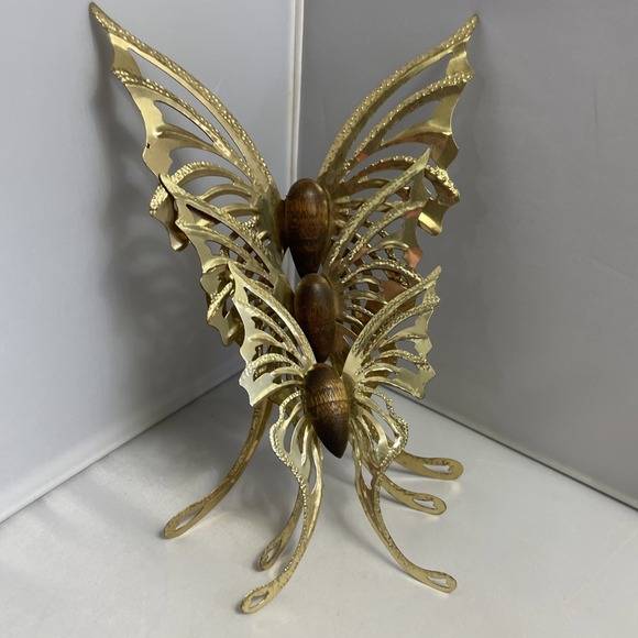 VTG Home Interiors Butterfly Set of 3 Gold & Wood Butterflies Wall Decor HOMCO - Picture 3 of 9